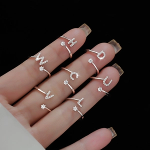 Silver adjustable open letter ring with cubic zirconia for women, fashion jewelry