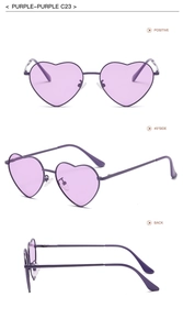 Detailed views of purple heart-shaped sunglasses with metal frame and spring hinges