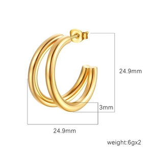 Polished gold stainless steel double hoop earrings with 24.9mm diameter measurements