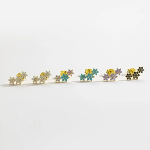 S925 sterling silver flower stud earrings with colorful zircon stones in gold finish