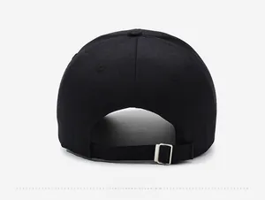 Detailed back view of a black baseball cap with adjustable metal buckle strap