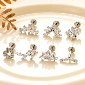 Stainless steel labret studs with zircon heart and leaf cluster designs for piercings