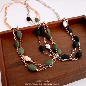 Vintage double-layer chain necklace with oval beads in rose gold, silver and gun black