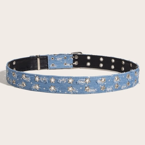 Y2K punk style light blue denim belt with star rivets and double-row metal eyelets