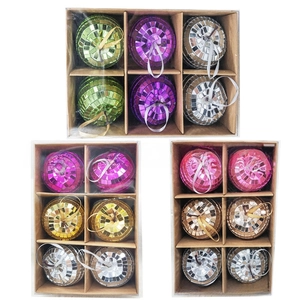 Set of multi-colored disco ball ornaments in pink, purple, green, and silver colors
