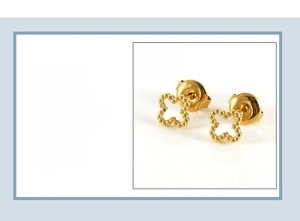 Detailed specs of gold clover studs in 18K vacuum plated titanium steel, size 7mm