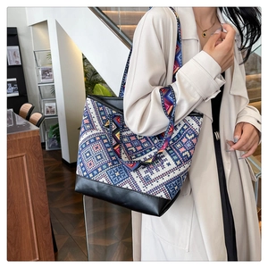 Ethnic style canvas tote bag featuring geometric patterns and durable PU leather base
