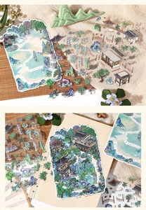 Detail view of Chinese garden scenery stickers with pavilions and rocks for scrapbooking