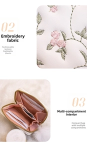 Detail showing white leather wallet with floral embroidery and multi-compartment interior