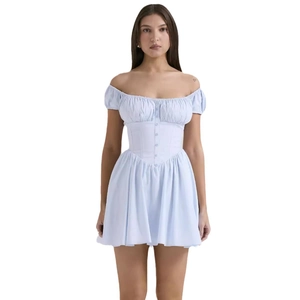 Light blue off-shoulder mini dress with puff sleeves and corset waist design