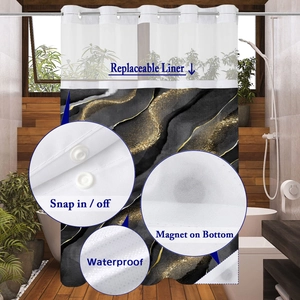 Detail view of waterproof marble shower curtain with snap-in liner and magnetic hem