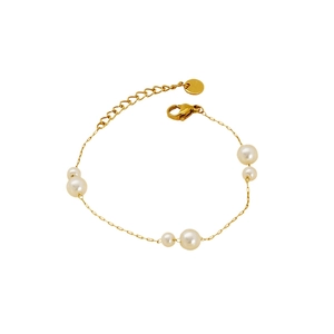 Elegant gold stainless steel pearl bracelet with lobster clasp and adjustable chain