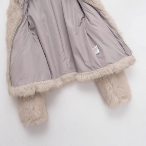 Beige faux fur jacket for women with satin lining and lapel for autumn winter season