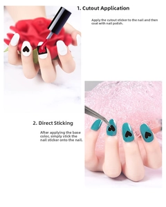 Detail showing heart shape nail art stencil and sticker application methods