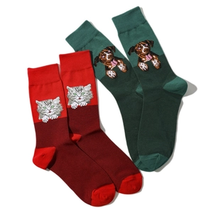 Cartoon crew socks with cat and dog embroidery in red and green color block design