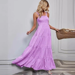 Lavender smocked tiered maxi dress with spaghetti straps and vertical stripes