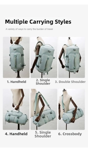 Detailed views of light green versatile travel bag showing multiple carrying options