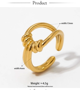 Macro shot of gold knotted ring details with specific width measurements of 4mm and 13mm