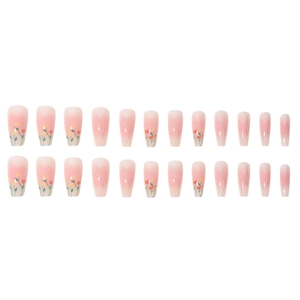 Pink gradient coffin nails with tulip illustrations and silver glitter wavy patterns