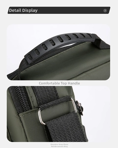 Detail of army green tactical bag with non-slip rubber handle and metal D-ring buckle