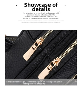 Detail of premium black pebble grain leather chest bag with dual gold metal zippers