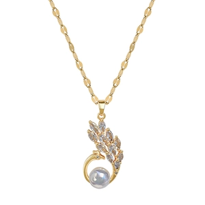 Elegant gold titanium peacock necklace with marquise crystals and iridescent pearl charm