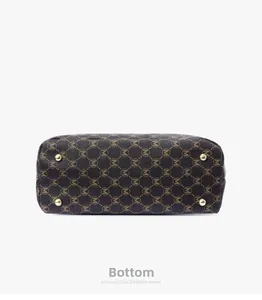 Detailed bottom view of large brown handbag showing gold metal feet and monogram texture