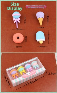 Detailed dimensions of cartoon dessert erasers including lollipops and ice creams