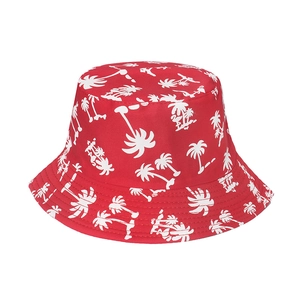 Detail view of reinforced stitching on red bucket hat with white palm tree patterns