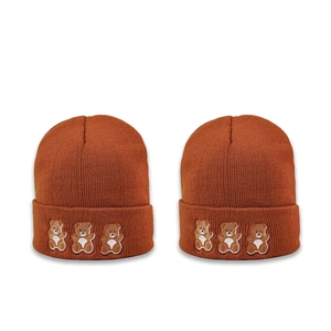 Brown knitted beanie hats with cute three bear embroidery for winter warmth