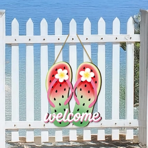 Summer watermelon flip flop wood welcome sign with jute rope for wall door hanging decor