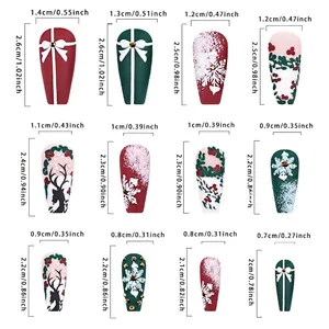Size chart for Christmas press-on nails with elk and snowflake patterns in matte finish