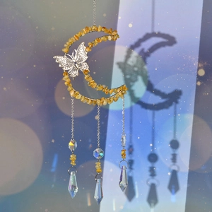 Crystal Stone Moon Butterfly Suncatcher With Prism Hanging Wind Chime For Garden Window Home Decor Healing Stone Ornament