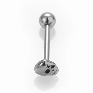 Macro shot of silver skull head tongue stud with polished stainless steel bar and ball