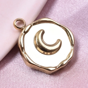 Macro shot of gold moon round pendant on pink silk, 304 stainless steel jewelry