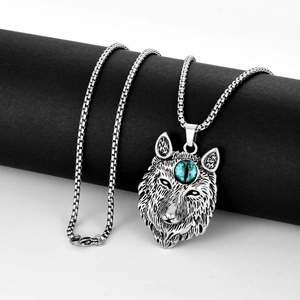 Collier Pendentif Tête De Loup Vintage Avec Charme En Alliage De Pierre Gemme Bleue Chaîne Boîte En Acier Inoxydable Bijoux Punk Hip Hop Pour Hommes