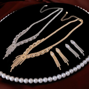 Tassel Necklace And Earrings Jewelry Zircon Rhinestone V-Shape Copper Gold Plated Elegant Banquet Evening Party For Women