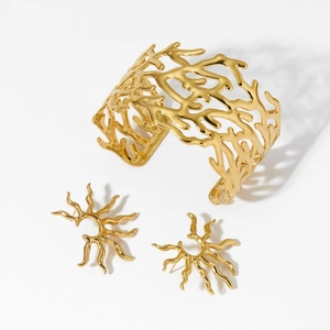 Golden tree root texture stainless steel jewelry set including cuff bracelet and earrings