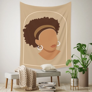 Detailed view of Bohemian tapestry featuring an African woman silhouette in cozy room