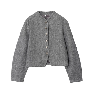 Giacca minimalista in lana grigio scuro con eleganti bottoni dorati e trama tweed