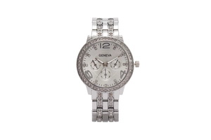 Close-up of Geneva silver watch with rhinestone-studded bezel and three-eye dial display