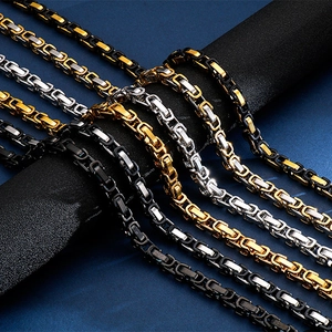 Men Stainless Steel Byzantine Chain Necklace Bold Hip Hop Square Box King Link Jewelry With Lobster Clasp