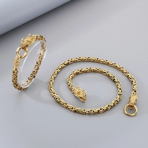 Detail of 6mm golden dragon head necklace and bracelet set with square lock chain