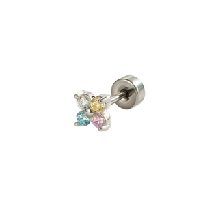 Exquisite four-leaf clover cartilage earring with colorful zircon stones in silver finish