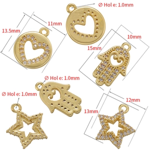Gold-plated star, heart, and hamsa charms with CZ stones and detailed dimensions