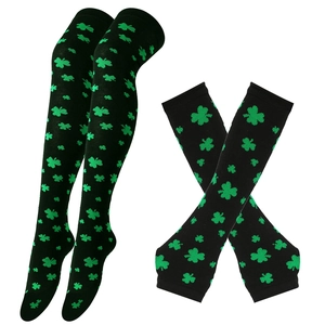St. Patrick's Day set with black knit over-knee socks and arm warmers featuring green clovers