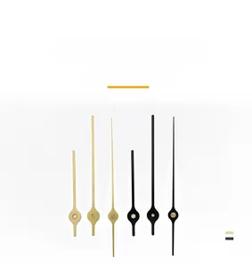 Detail view of 6-piece quartz clock hand set in gold and black finishes for DIY repair