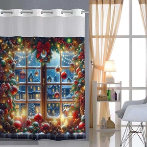 Christmas shower curtain with snowy window view, festive ornaments and metal grommets