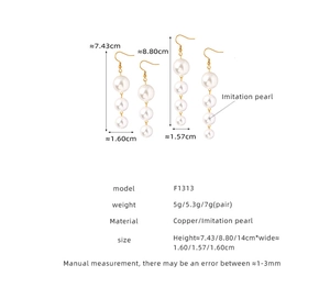 Detailed size specifications for multi-layered faux pearl tassel earrings in titanium steel
