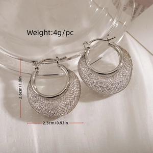 Detailed view of silver mesh hoop earrings with rhinestones showing dimensions and weight